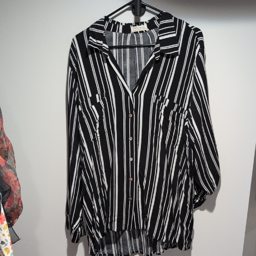 Just Living Black and White Striped Button-Down Blouse